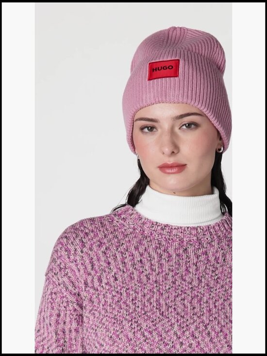 Ribbed Knit Beanie Hat with Woven Logo - Pull-On Style